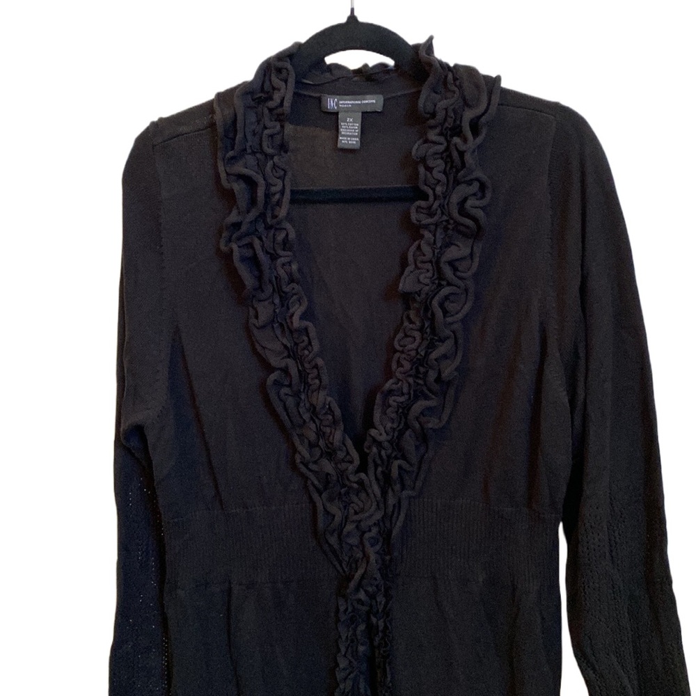 NWT 🖤 I.N.C. Macy’s Long Cardigan/Duster Ruffled Trim Cotton Blend Deep Black 2X